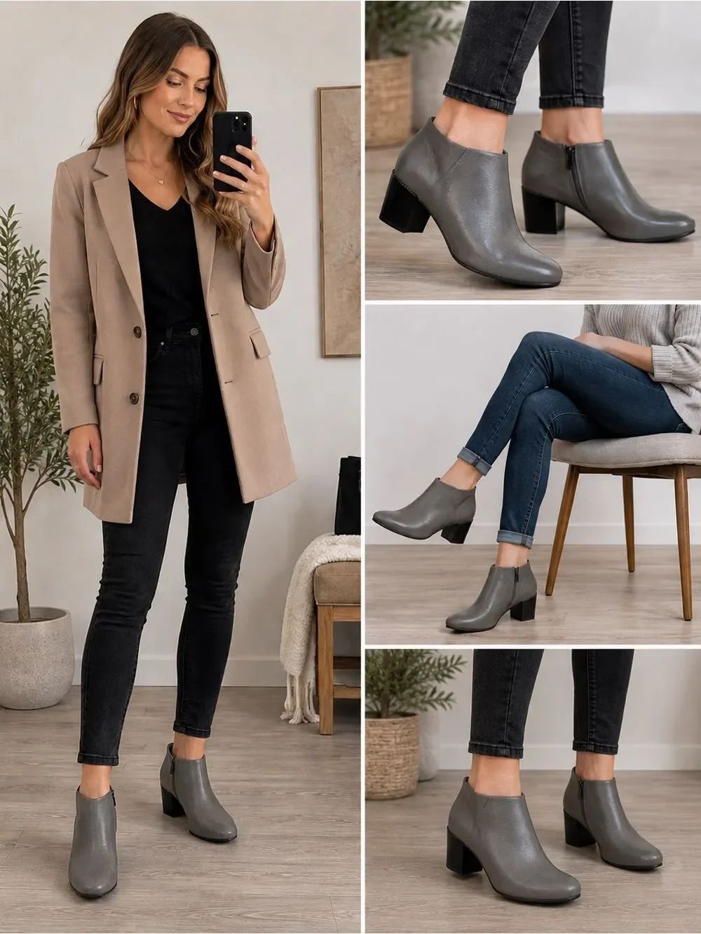 NWT Clarks Gray Leather Ankle Booties Block Heel Side Zip Size 10